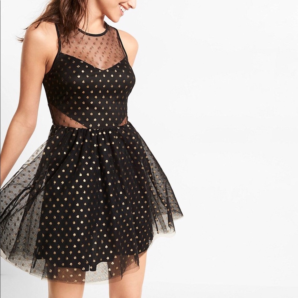 Black and gold dot fit and flare dress